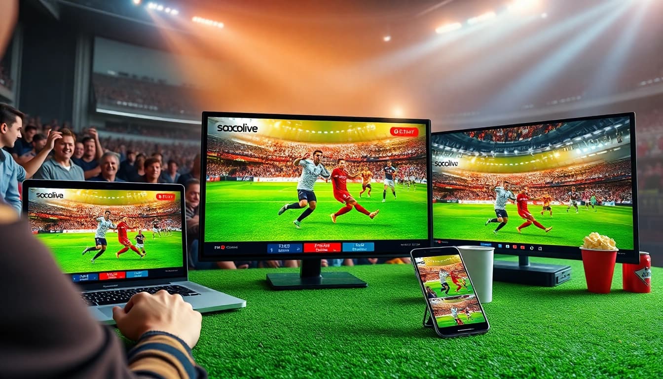 Socolive streaming live football match on multiple devices in vibrant, engaging setting