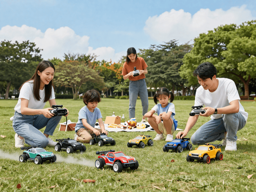Family enjoying remote control cars and trucks in a sunny park, showcasing rokok88 hobby activities.