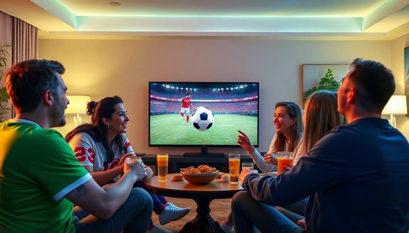 CakhiaTV football viewing party with friends enjoying live sports streaming