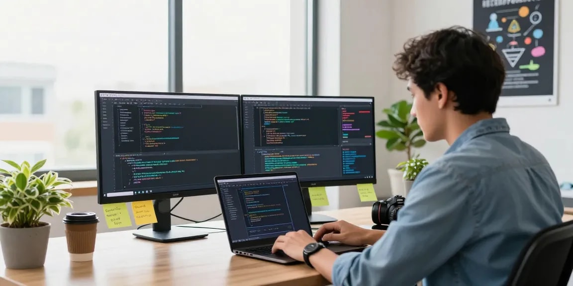 Build internal tools with AI in a vibrant software development workspace, featuring coding screens and innovative elements.