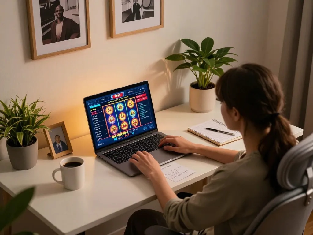 Engaging in strategic online casino gameplay with the 9 bet interface at home, surrounded by essential betting notes.