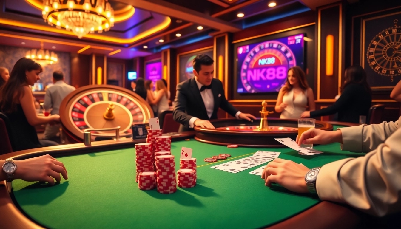 Engaging poker game at NK88 casino showcasing luxury and excitement.