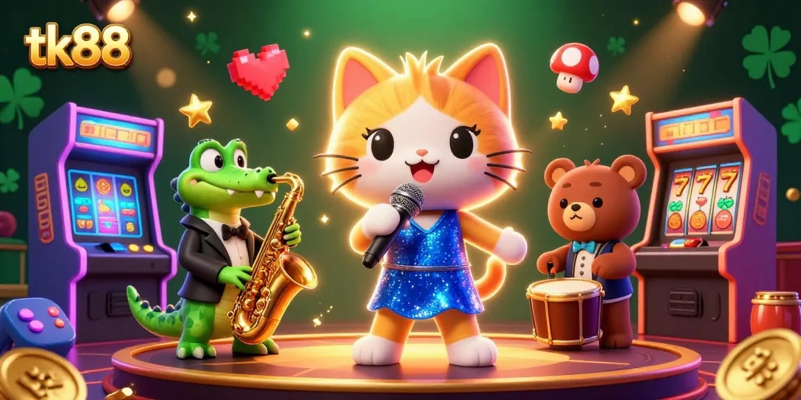 Engage with tk88 at an animated casino where a jazzy cat, croc, and bear perform amidst vibrant slots!