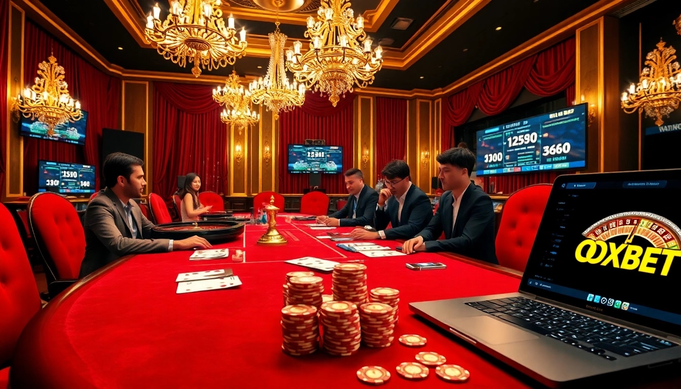 Gamblers enjoying a vibrant scene at https://oxbet.boo/ poker table filled with chips and cards.