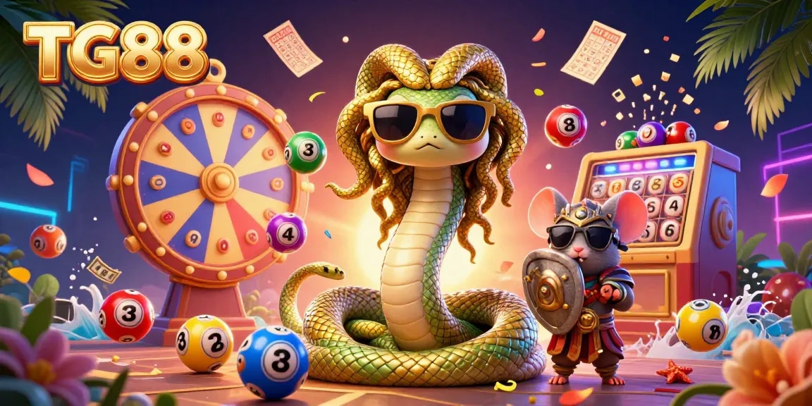 Engage with TG88's vibrant gaming scene featuring a cute Medusa and a warrior mouse amidst dynamic lottery elements.