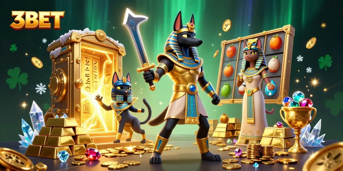 Engage with 3BET through an ultra-detailed scene depicting Anubis and Bastet amid a vibrant casino atmosphere.