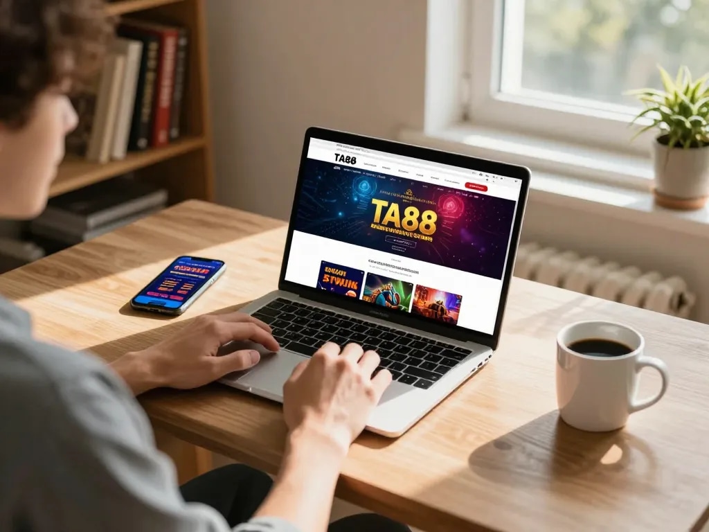 Online gaming setup showcasing the TA88 platform, inviting atmosphere with laptop and casino app for engaging gambling experience.