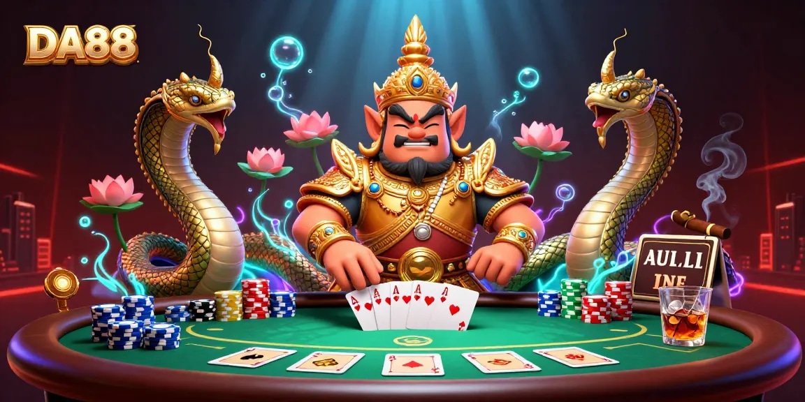 DA88 showcases a vibrant casino scene featuring a Thai temple guardian and poker elements in action.