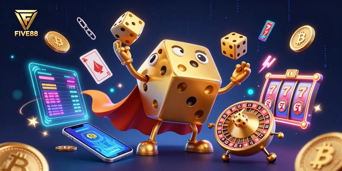 Experience excitement at FIVE88 with this vibrant 3D casino illustration featuring gaming elements.