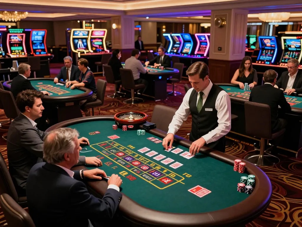 Players strategically manage their bets at a vibrant casino with tx 88 blackjack and roulette tables.