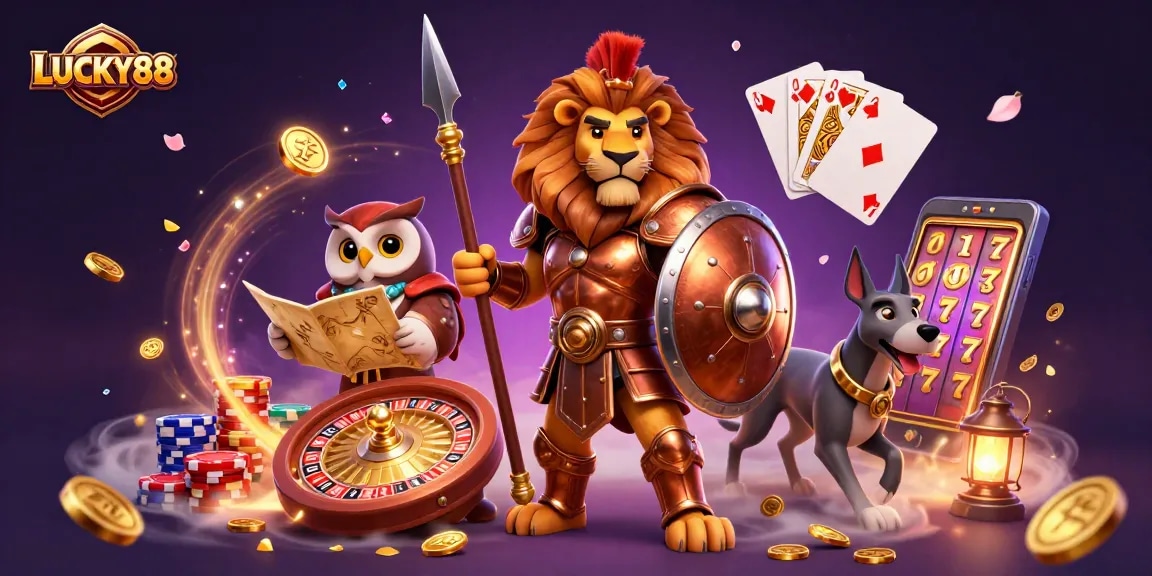 Experience LUCKY88's thrilling gaming action with vibrant characters and casino elements in this dynamic illustration.
