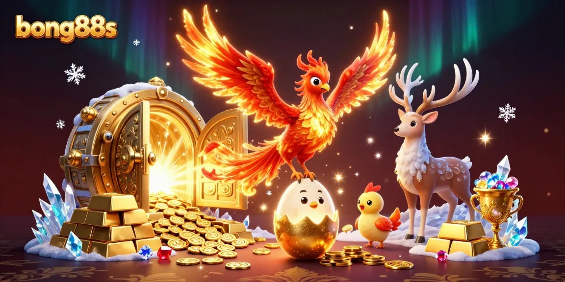 Bong88s offers a thrilling casino experience with vibrant phoenix characters and treasure in a colorful illustration.