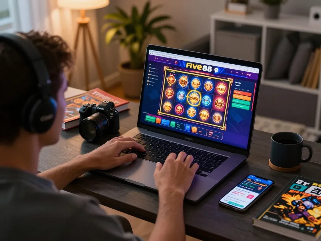 Five88 online gaming setup showcasing a player engaged in an exciting slot game with vibrant interface