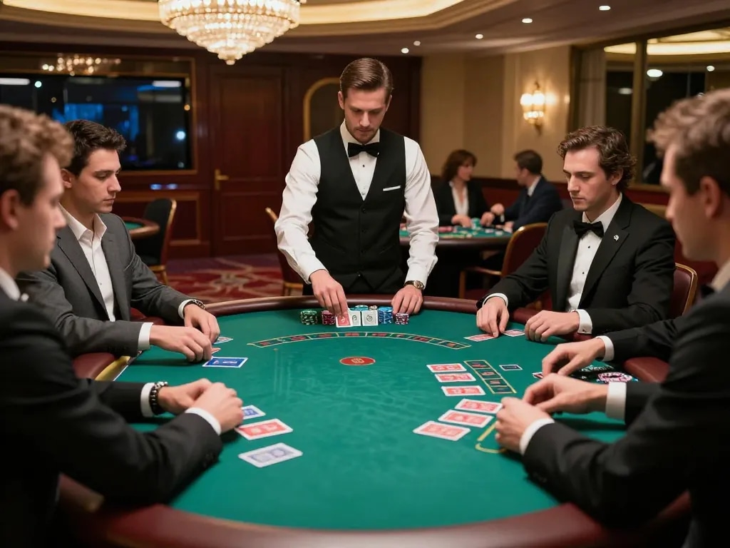 da88hq players strategizing at a luxurious blackjack table in a high-stakes casino setting
