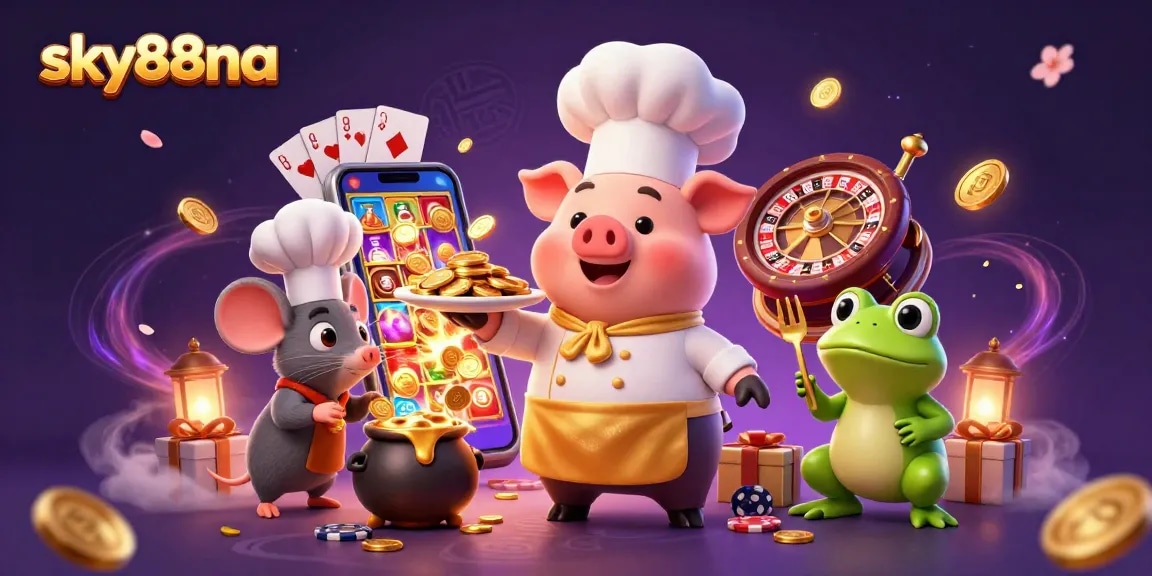 Experience top gaming at sky88na with vibrant casino characters serving golden rewards and exciting games.