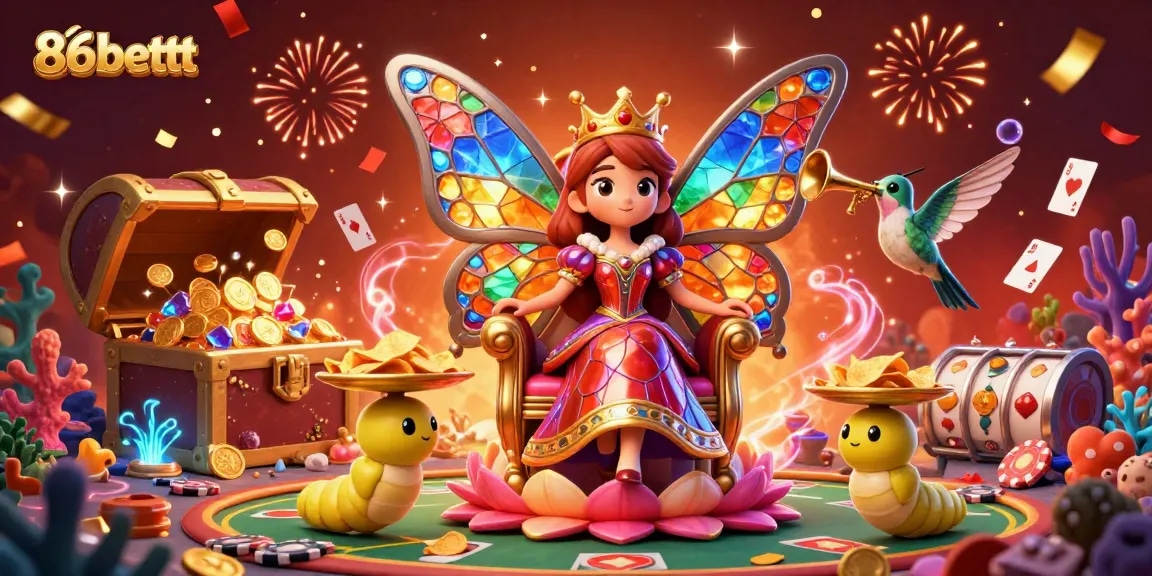 Experience winning moments at 86bettt casino with vibrant 3D illustration featuring colorful elements and characters.