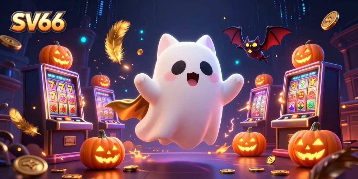 Experience the thrilling games at SV66 with a ghost cat and bat in a haunted casino atmosphere.
