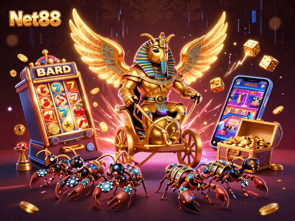 Experience thrilling slots with Net88, featuring a golden beetle and jackpot elements in 3D action.