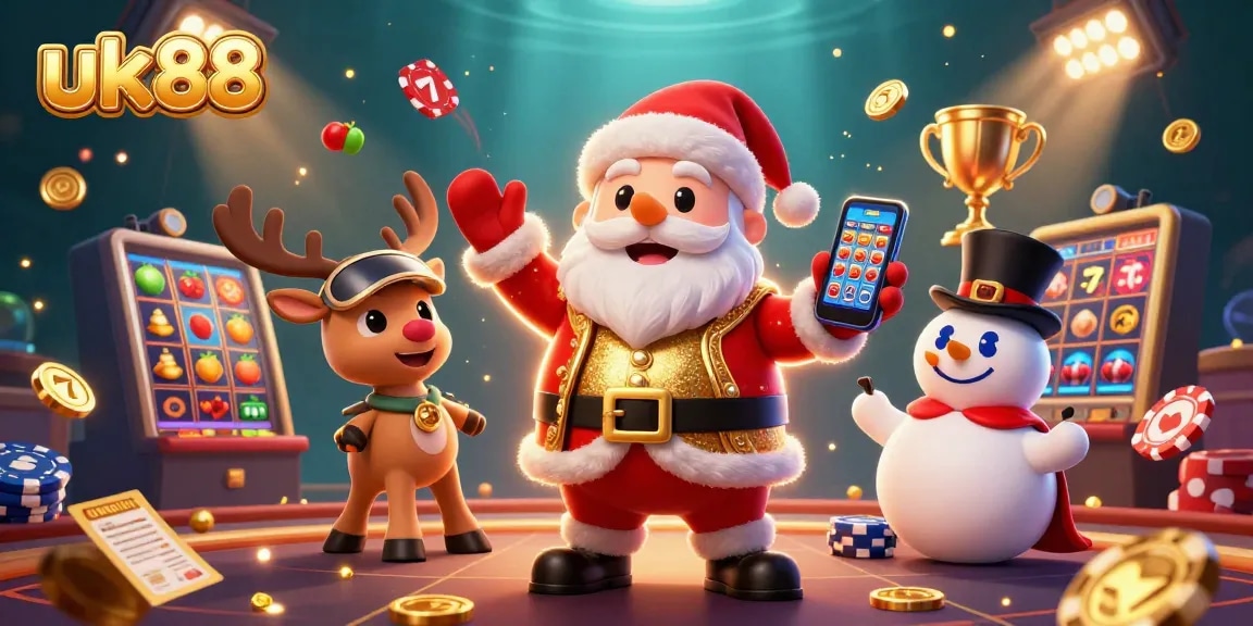 Play thrilling games at uk88 with Santa, a reindeer dealer, and a poker chip snowman.