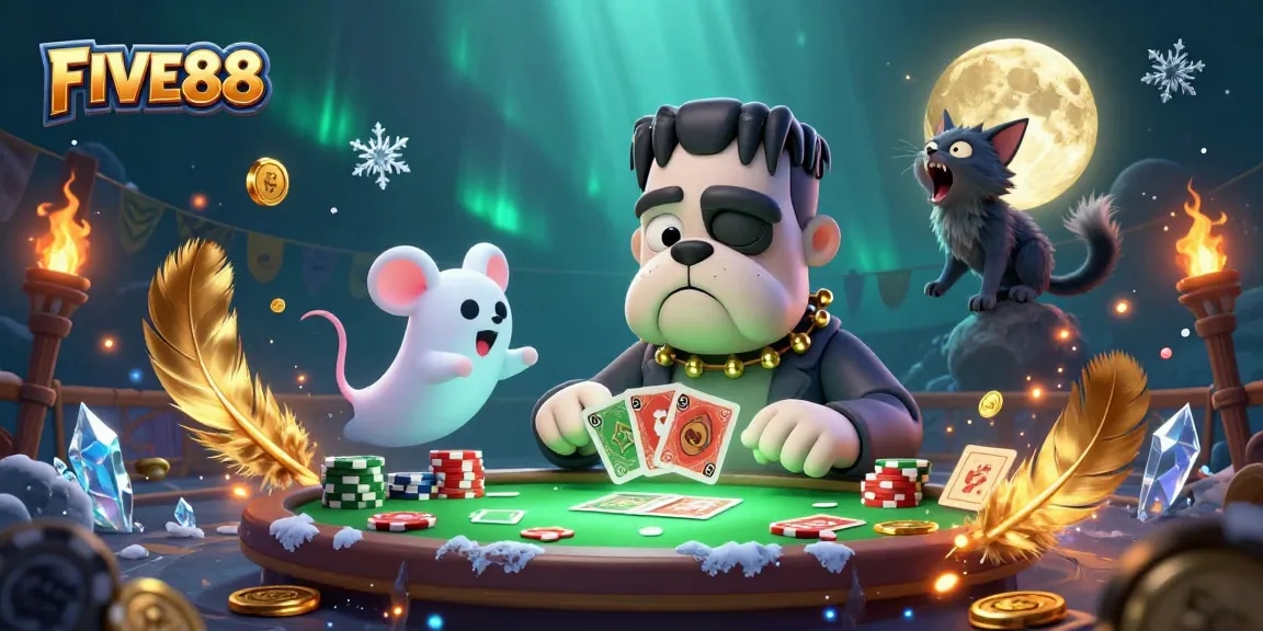 Engage with FIVE88's thrilling casino atmosphere featuring a bulldog dealer, ghost mouse, and werewolf kitten.