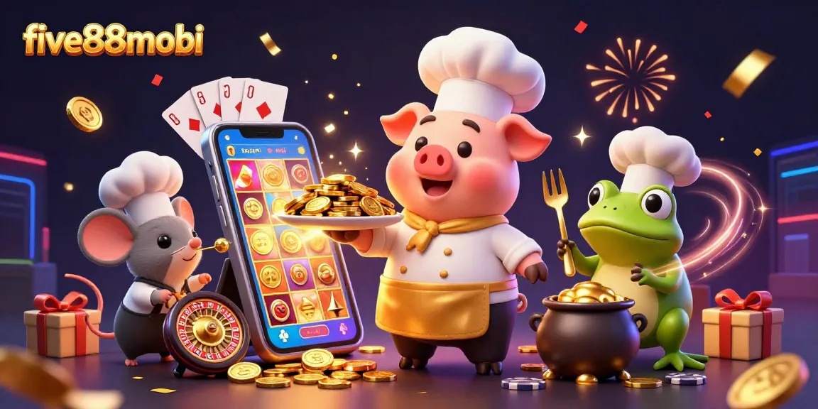 Experience excitement at five88mobi with cartoon characters celebrating winnings in a dynamic casino scene.