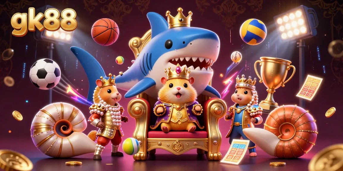Engage with gk88's exciting casino vibes through a vibrant scene featuring a golden hamster king and sports elements.