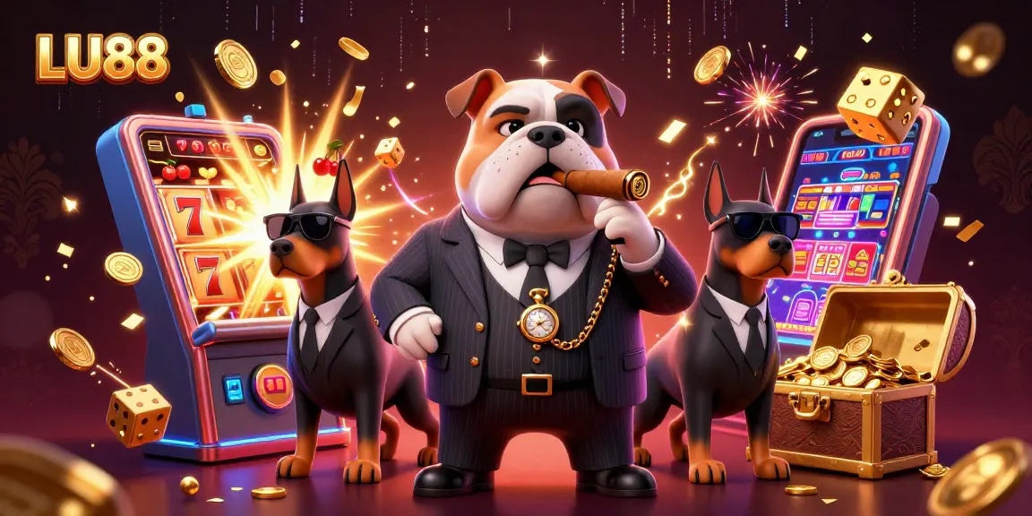 LU88 showcases a vibrant casino atmosphere with a mafia boss and bodyguards amid a jackpot explosion of colors.