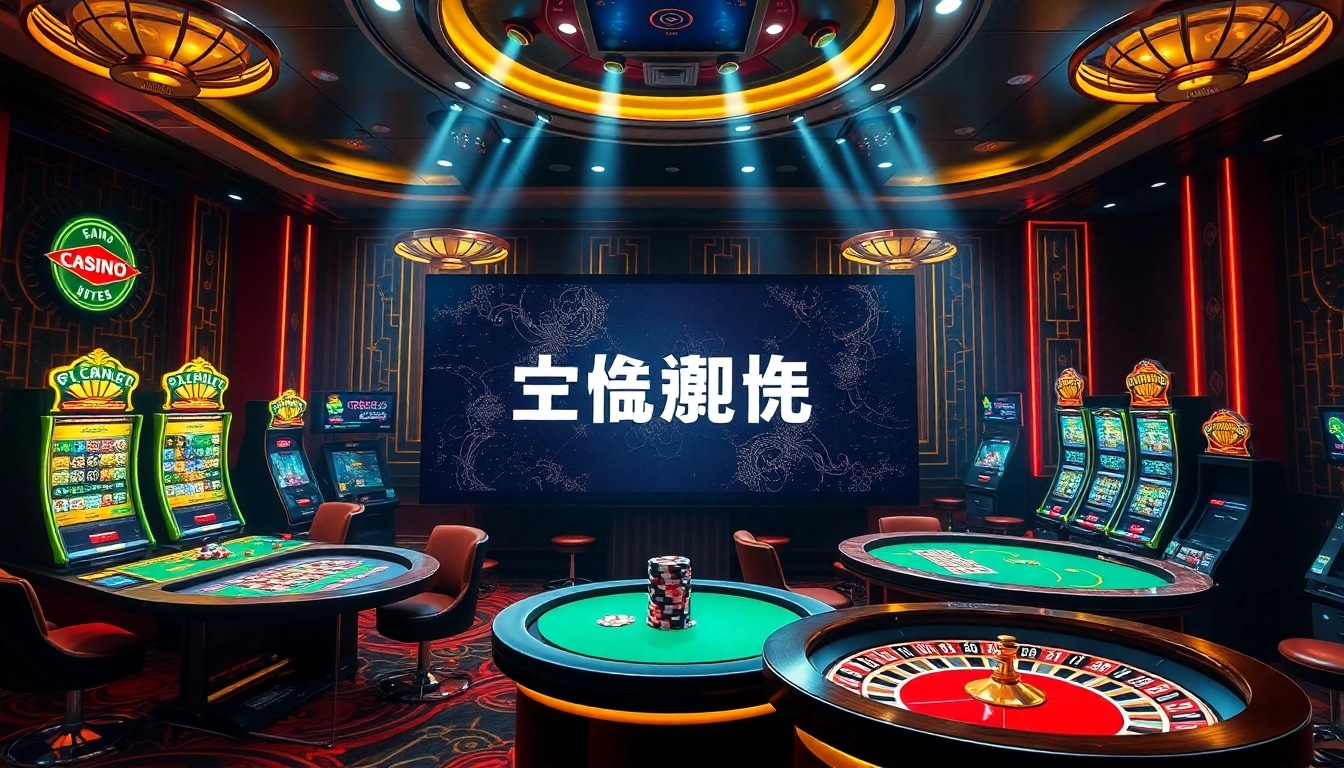 A dynamic online gambling scene showcasing 包网 with poker tables, slot machines, and roulette wheels, exuding luxury and excitement.