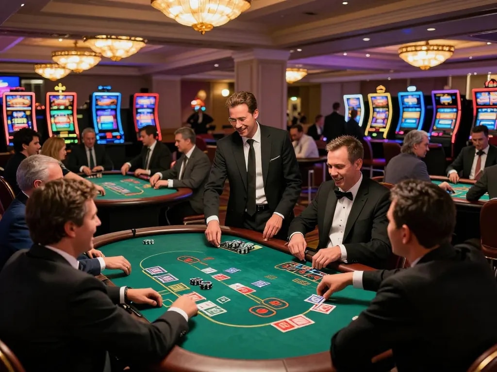Excited players at jtg88.com enjoying blackjack tables with professional dealers and vibrant casino ambiance