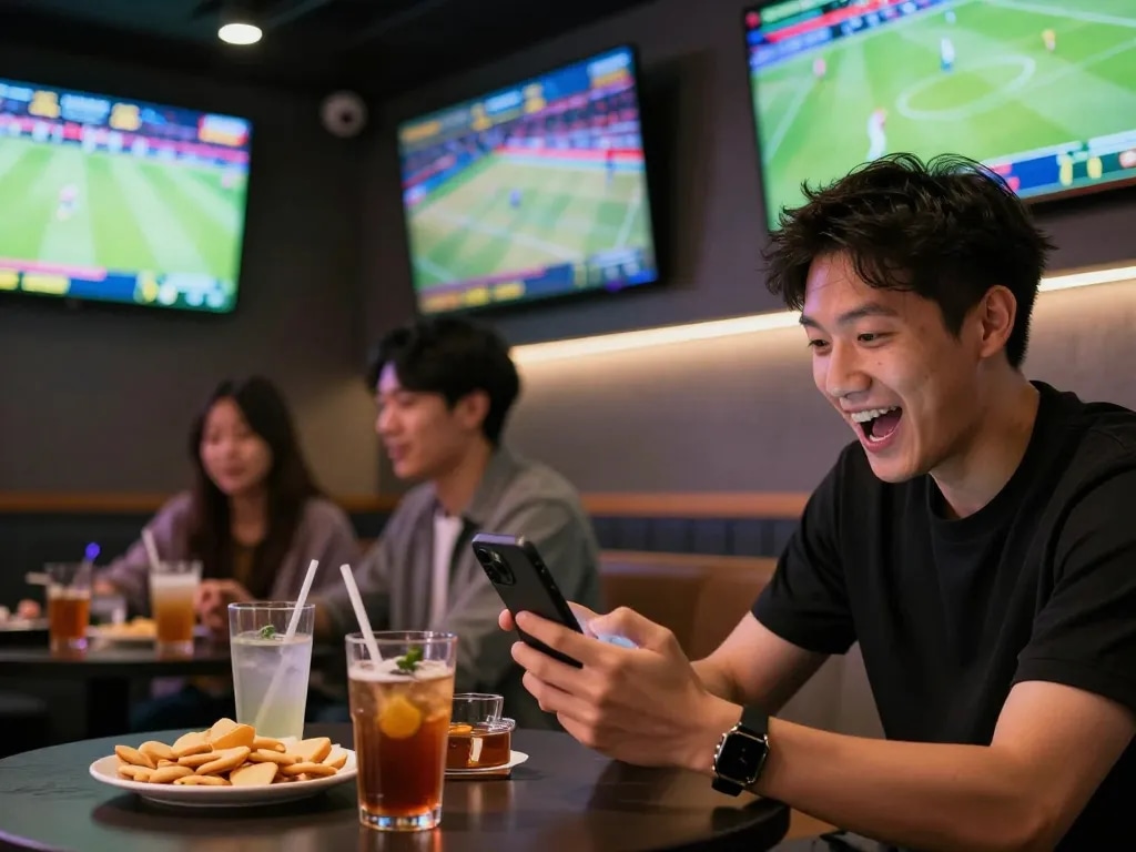 DABET sports betting excitement with person engaging on smartphone in a vibrant lounge