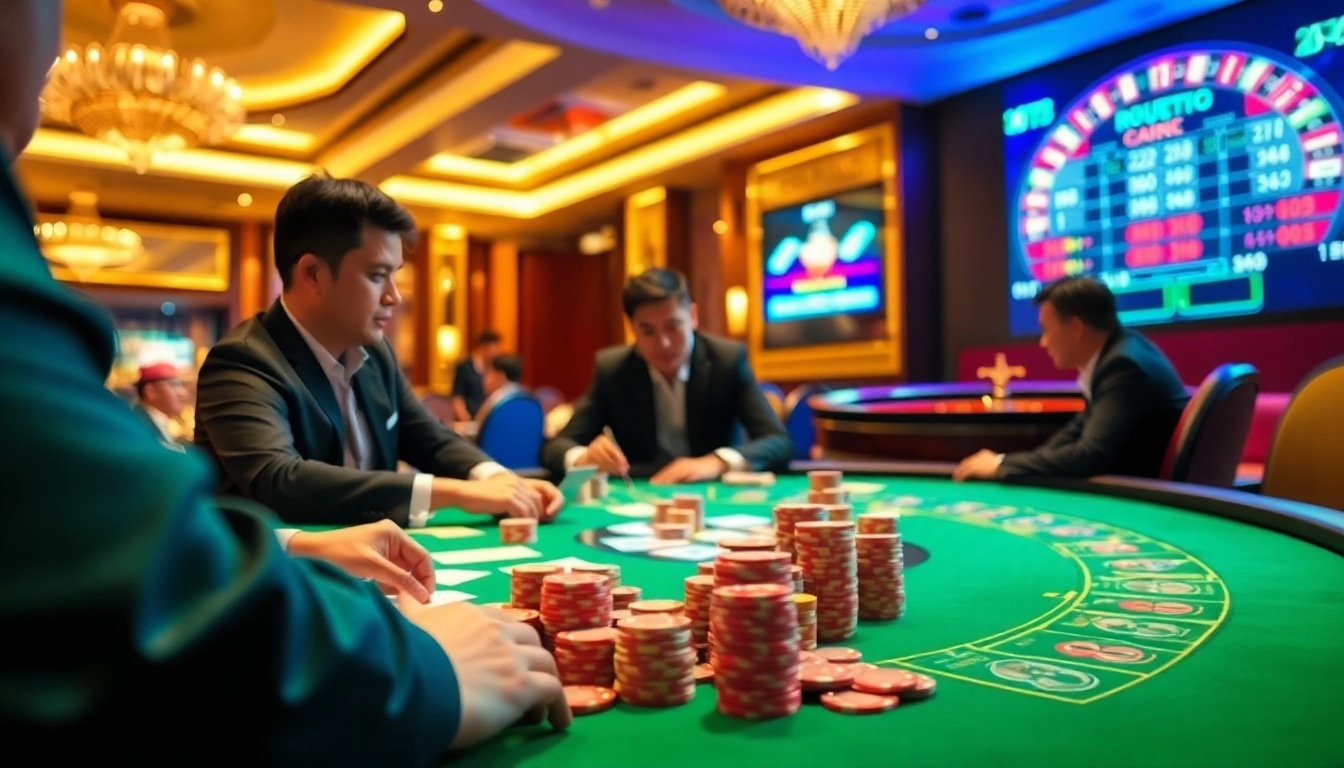 Engaged players strategizing in a high-stakes game bài at a vibrant casino table.
