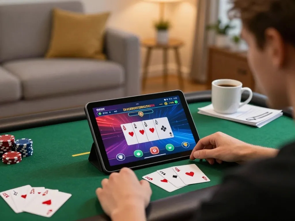 Player engaging with RED88 online poker interface in a cozy living room setup.