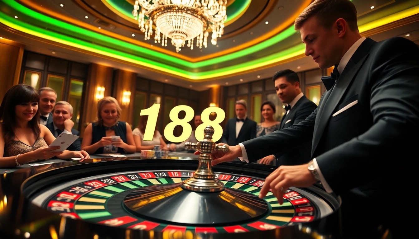 A vibrant casino scene showcasing C168 with players engaging at a roulette table filled with excitement and poker chips.