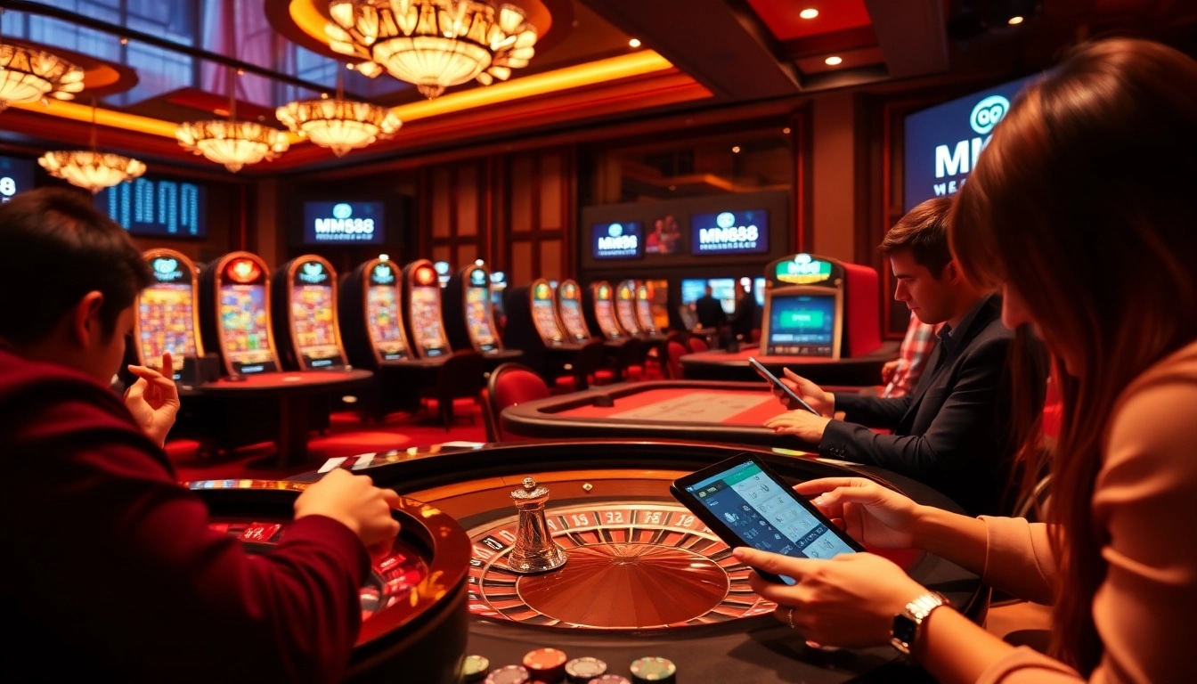 Engage in thrilling gambling action with MM88 at a modern casino featuring poker chips and roulette.