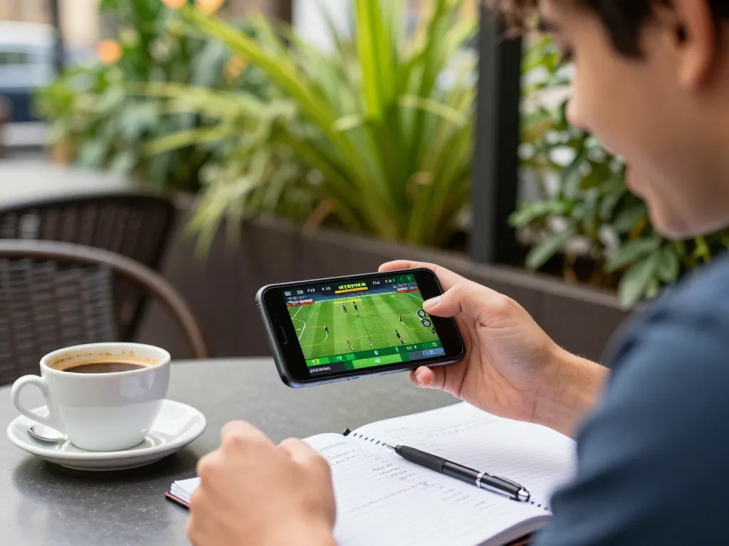 Person using a smartphone for DEBET online sports betting in a vibrant outdoor café