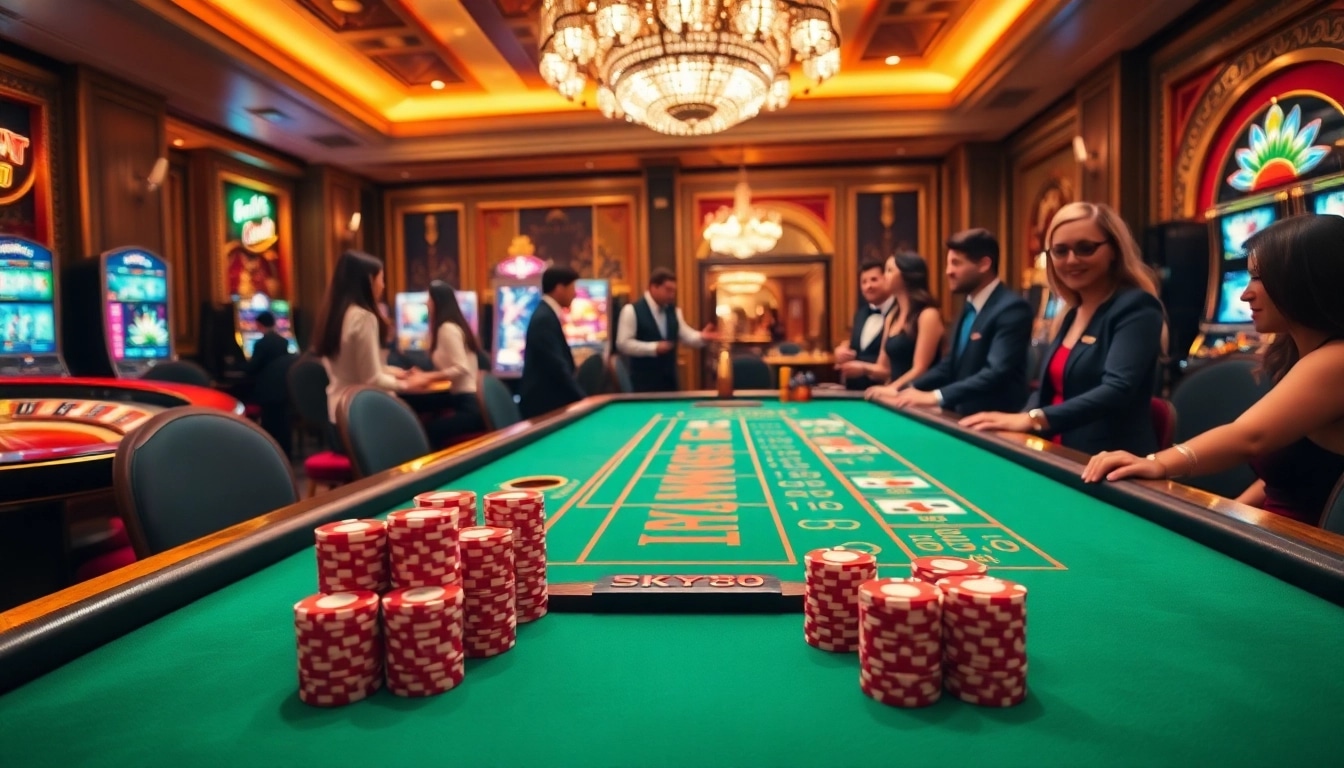 Players enjoy high-stakes action at SKY88 casino tables with vibrant chips and roulette wheels.