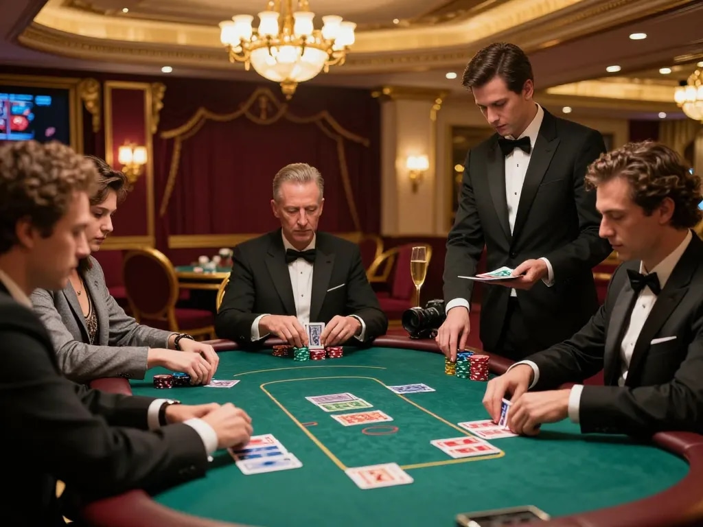 Players strategizing at a VIP poker table in a luxurious casino setting, 11win com premium gaming experience visible.