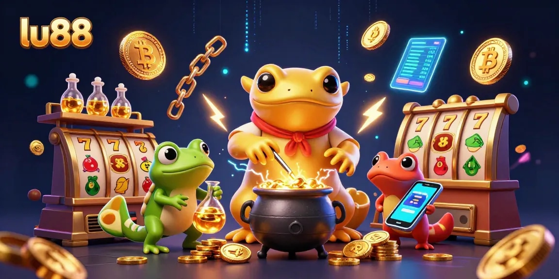 Experience thrilling gameplay with lu88's vibrant casino scene featuring alchemists and crypto coins.