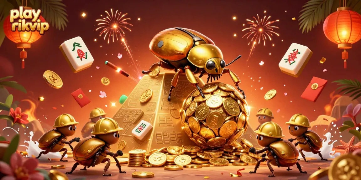 Experience thrilling gameplay with play rikvip as the golden beetles celebrate massive wins in a vibrant casino scene.