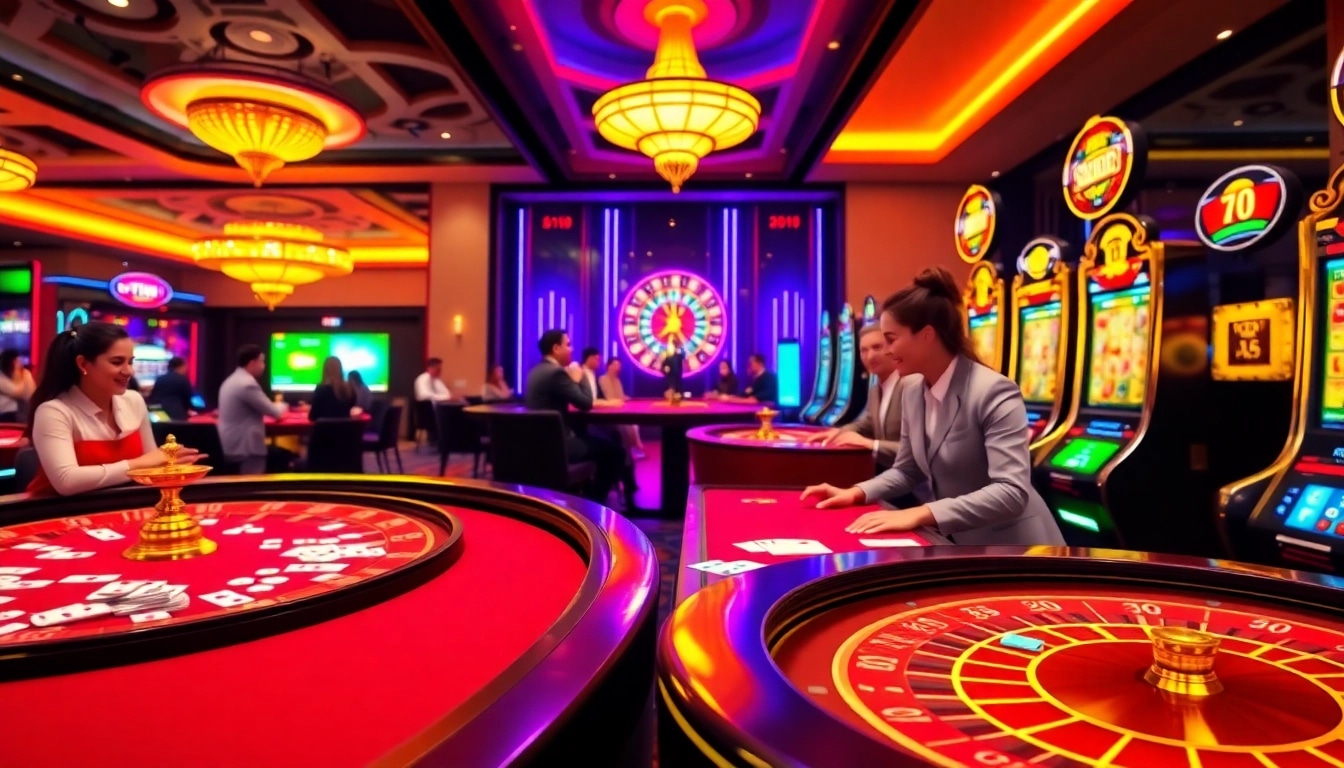 Experience thrilling gaming at F168's luxurious online casino with vibrant tables and excited players.