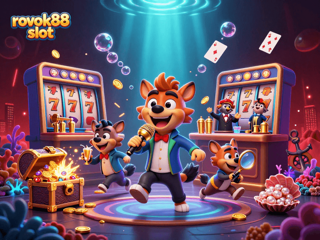 Engage with the rokok88 slot experience featuring lively hyenas in a dynamic casino scene.
