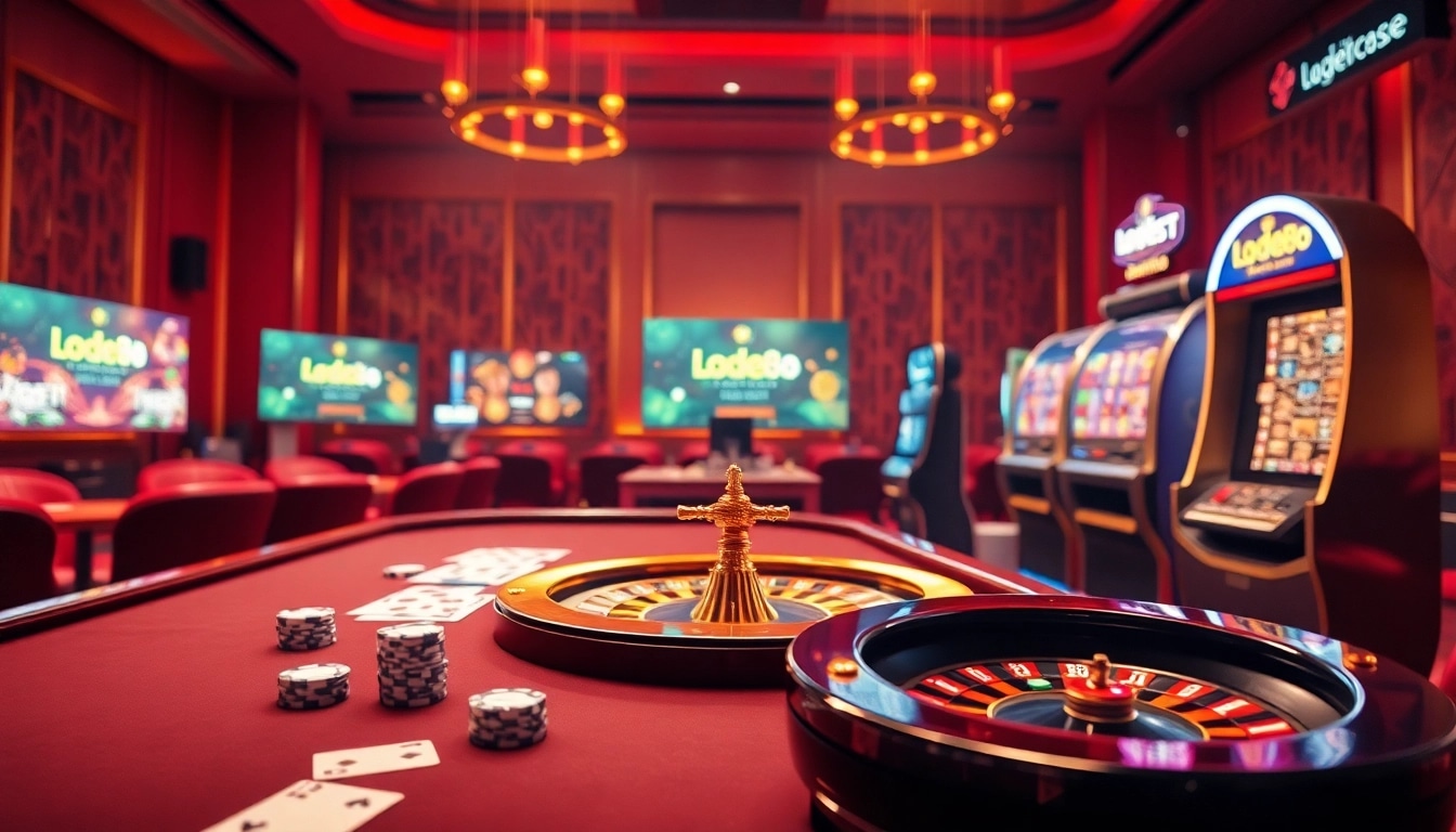 Experience thrilling online gaming at https://lode88.ae/ with vibrant casino tables and roulette wheels.
