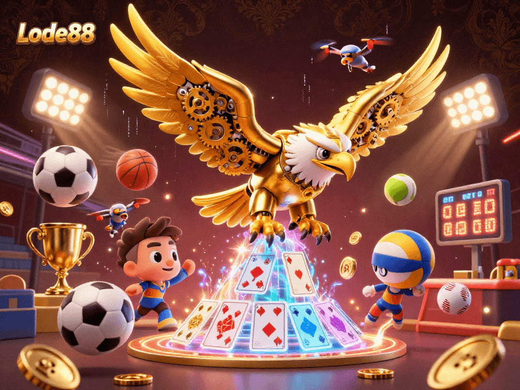 Lode88 presents a vibrant 3D digital illustration with a dynamic golden eagle diving through holographic elements, encapsulating the excitement of gambling.
