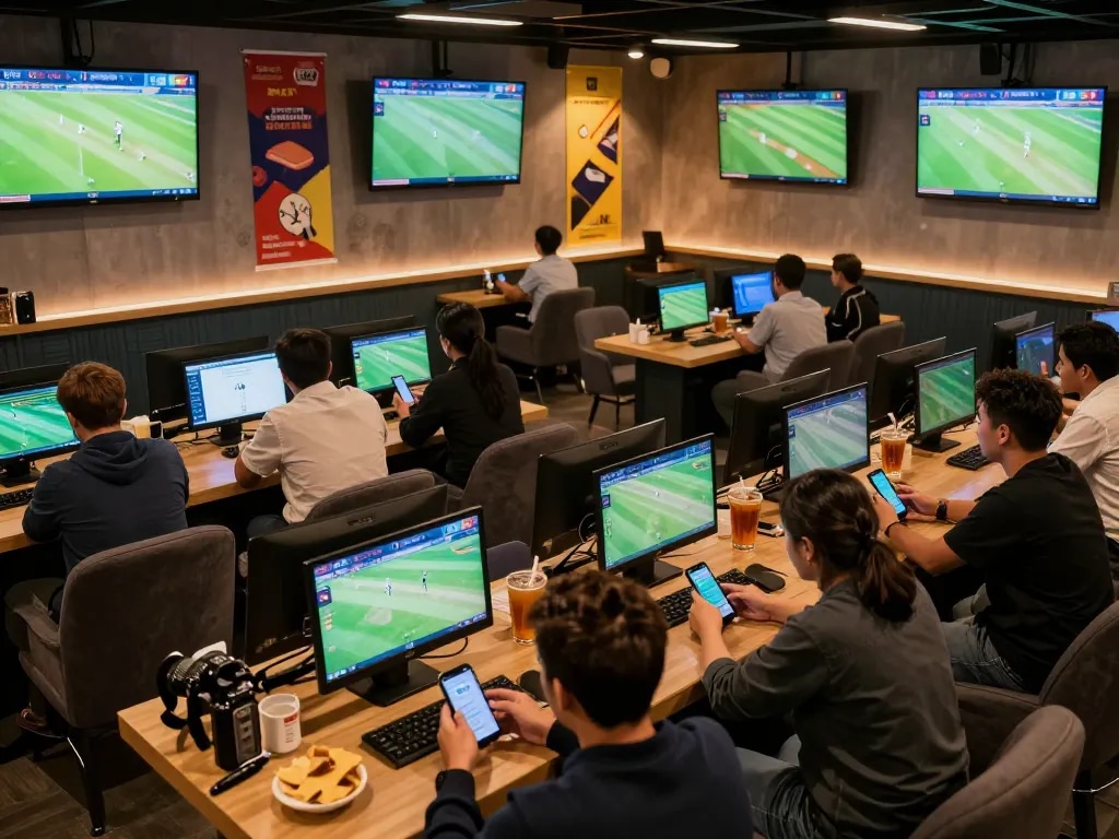 Crickexfit users engaging with a mobile betting app while enjoying live cricket matches in a lively betting lounge