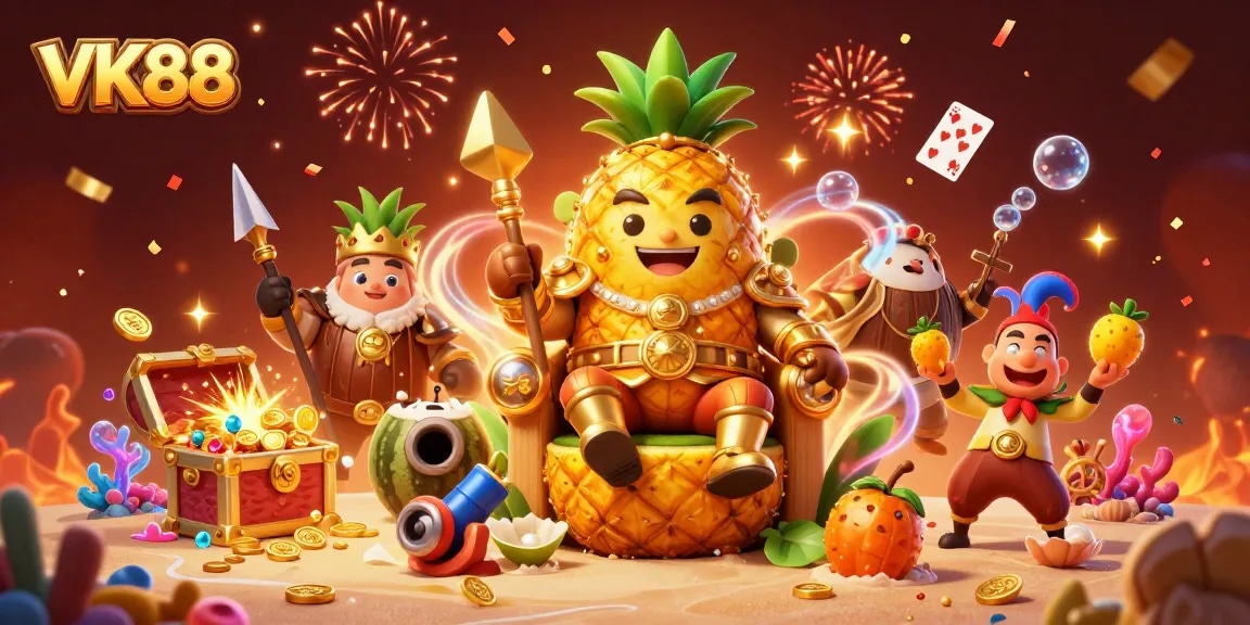 Experience vibrant casino adventures at VK88 with the golden pineapple king amidst lively games.