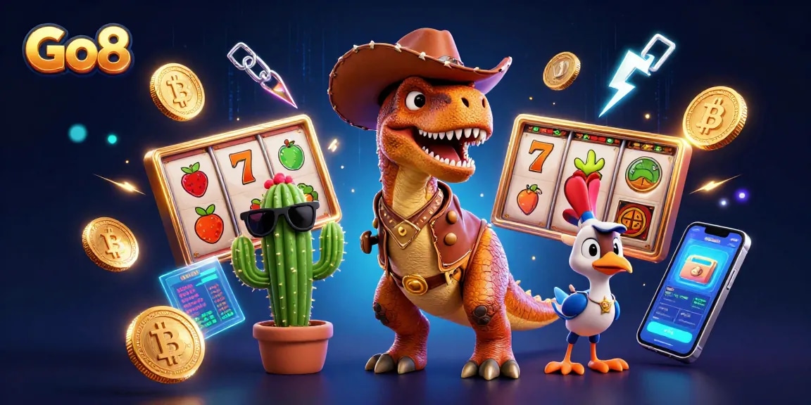 Engaging Go8 casino scene showcasing a cartoon T-Rex and friends with Bitcoin and slot machines.