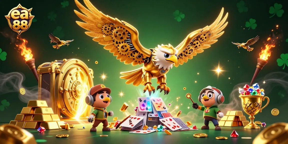 Experience the thrill of ea 88 as a golden eagle soars past holographic cards in a rich casino scene.