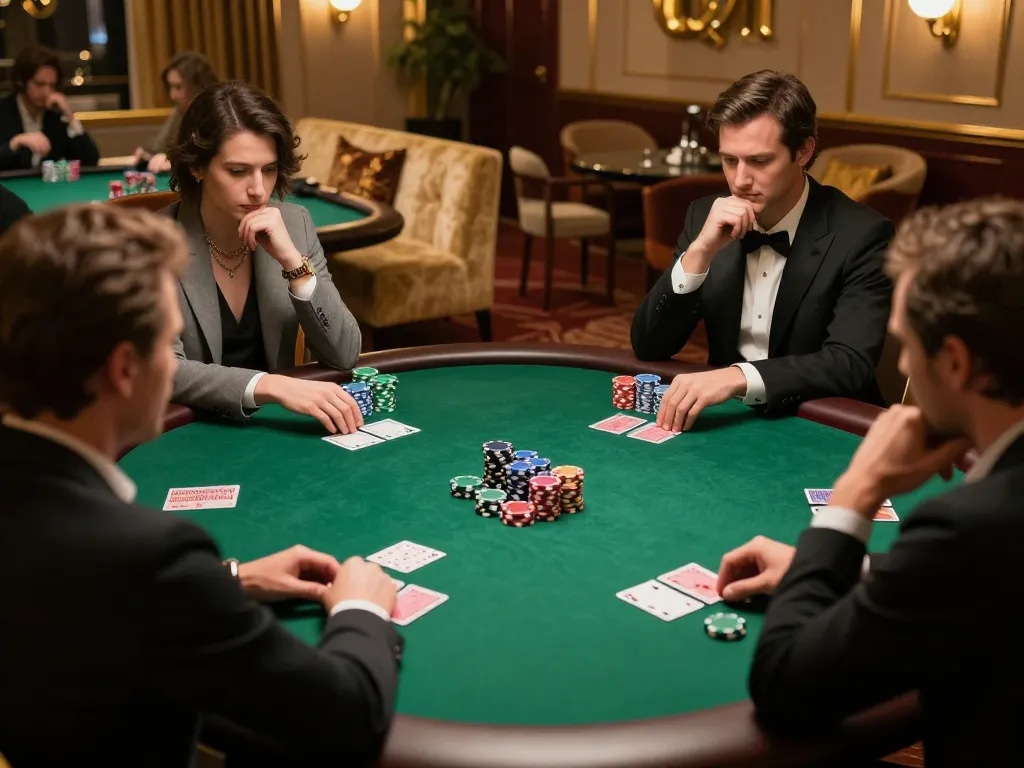 TA88 players strategizing in a high-stakes poker game, illuminated by soft golden lighting
