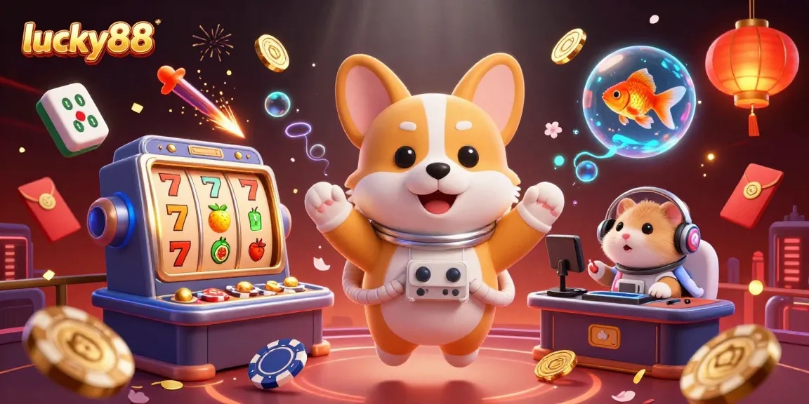 Experience the excitement of lucky88 with a 3D cartoon illustration of an astronaut corgi in a casino.
