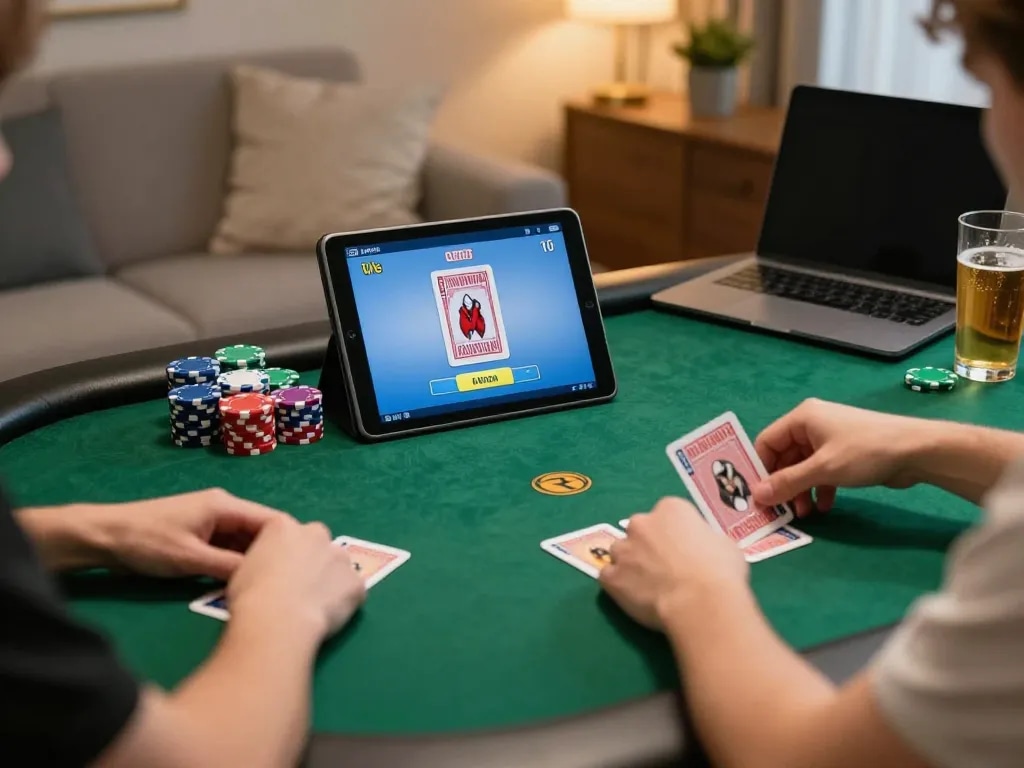 Engaging in strategic online poker gameplay with five88cd at home, vibrant chip stacks and tablet screen action